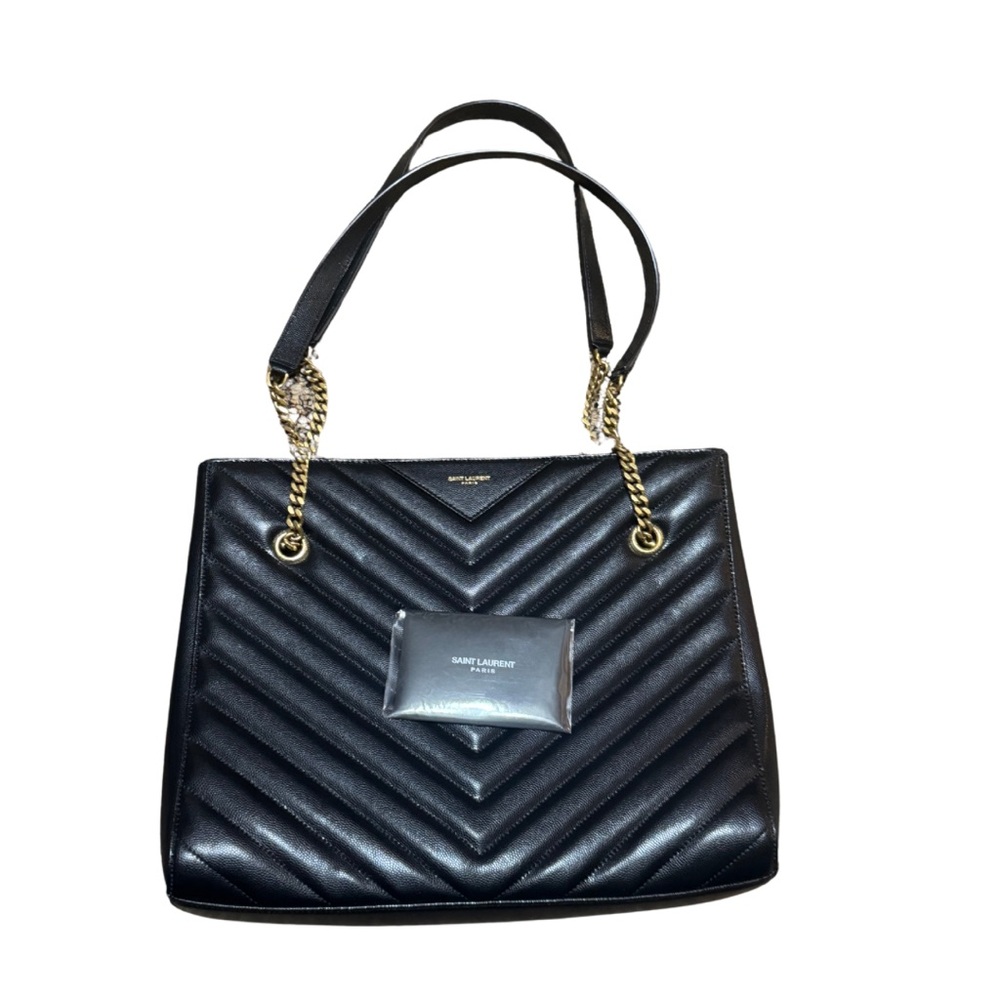 YSL Grain De Poudre Matelasse Chevron Medium Tribeca Shopping Bag Black 🖤 - Picture 2 of 13